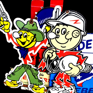 Vintage Cartoon Utility Mascot Metal Sign Pair - Yellow, Green, Red, White, Blue